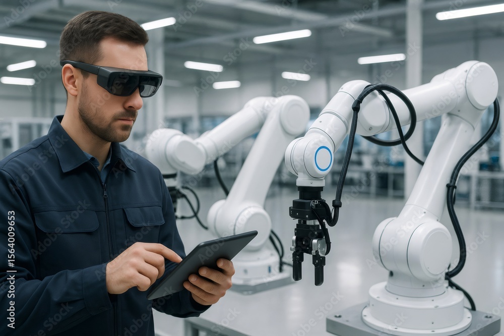 Poster engineer using augmented reality glasses and tablet to control robotic arm in modern factory, showca