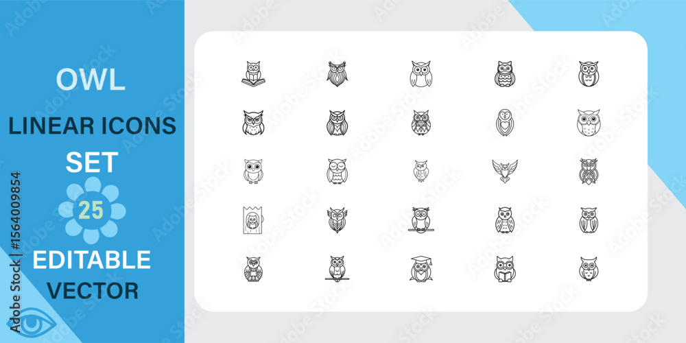 Poster a collection of 28 minimalist linear owl icons, editable vector graphics ideal for logos, websites, 