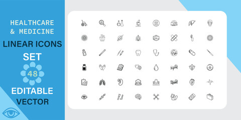 A collection of 48 editable vector linear icons related to healthcare and medicine. Includes symbols for various medical tools, procedures, and concepts.