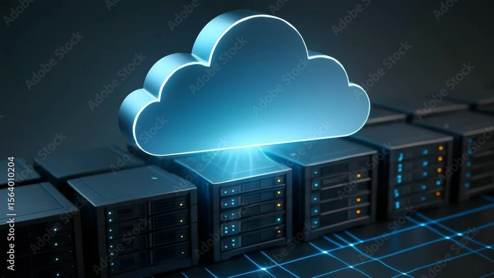 Poster 3d like luminous blue cloud icon hovers above sleek server towers lined with status lights. concept 