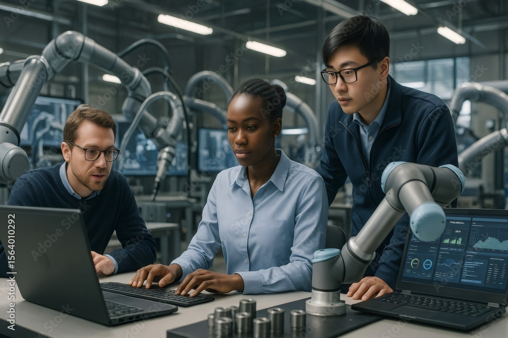 Poster professional engineers collaborating with advanced laptops and robotic arms in a cutting edge factor