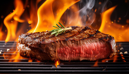 close up of beef steak on a grill with roaring flames