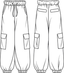 Cargo Jogger Pants Flat Sketch – Elastic Waist and Cuffs, Flap Pockets, Relaxed Fit – Technical Fashion Drawing
