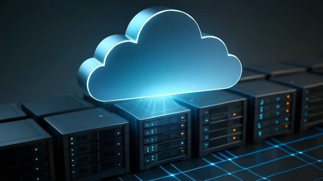 3D like luminous blue cloud icon hovers above sleek server towers lined with status lights. Concept of scalable cloud computing powering enterprise storage.