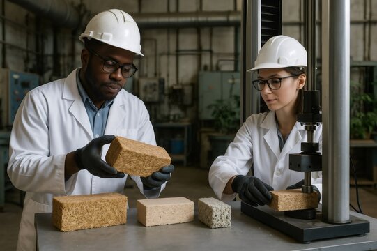 Scientists examining and testing innovative sustainable construction materials in a materials laboratory, focusing on eco friendly solutions for the future