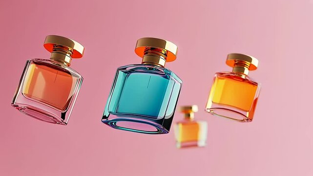 Three elegantly designed perfume bottles in vibrant colors floating against a soft pink background