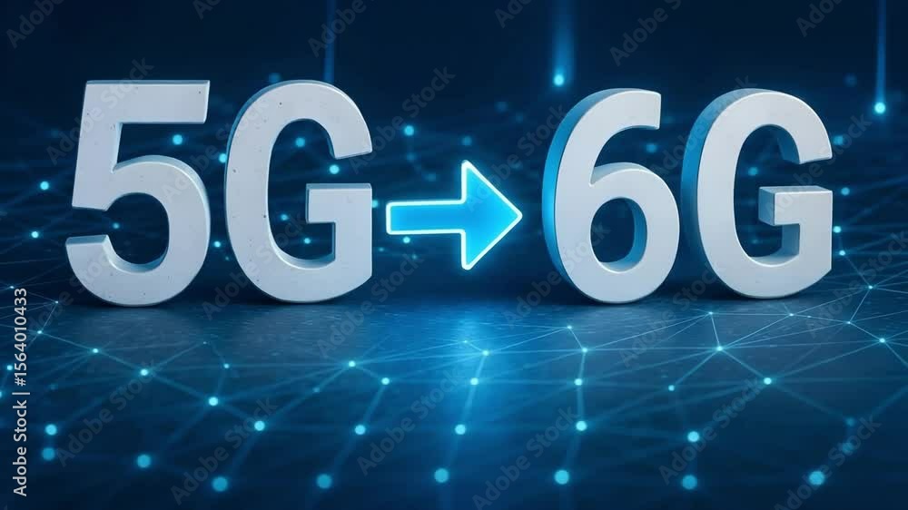 Poster bold numerals shift from 5g to 6g over a pulsating network grid. concept of ultra-low-latency advanc