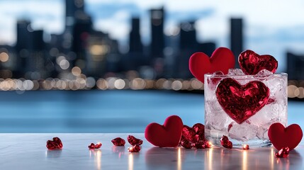   A glass containing hearts sits on a table with heart-shaped ice