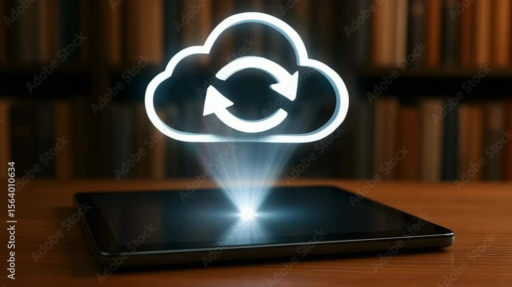 Poster a white cloud with rotating arrows projects upward from a tablet on wooden desk. concept of seamless