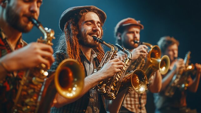 Lively Jazz Ensemble: Saxophone Players in Concert, Expressive Performance