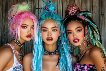 Naklejka premium Three fashionable women with bright hair and bold makeup strike confident poses in front of a neutral backdrop, showcasing edgy beauty.