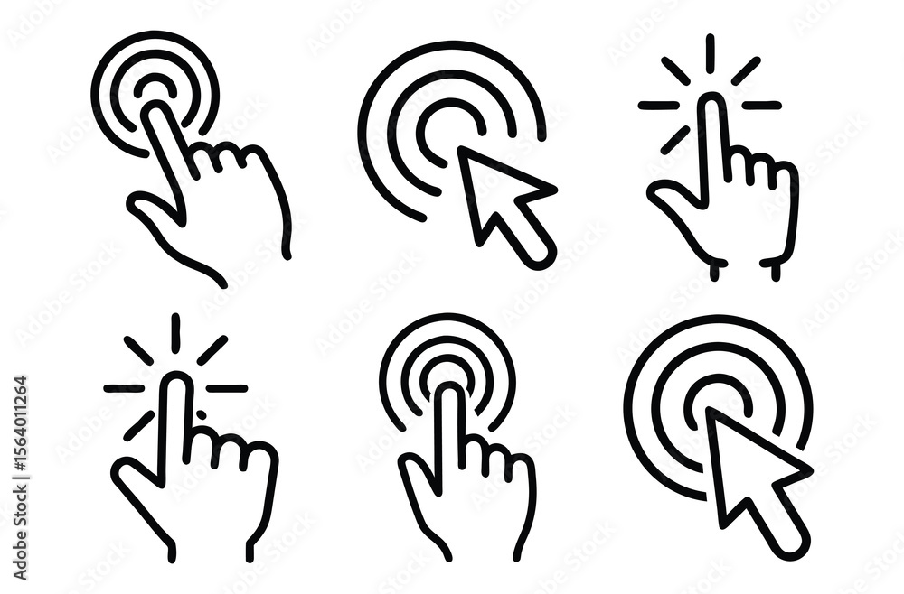 Fototapete Set of click icons with hand pointers and cursors in a clean line art vector style for UI design.