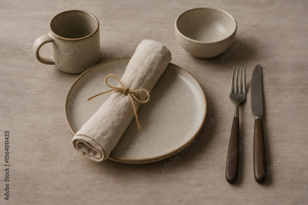 Poster rustic ceramic tableware set on wooden table, featuring a rolled napkin tied with twine, creating a 