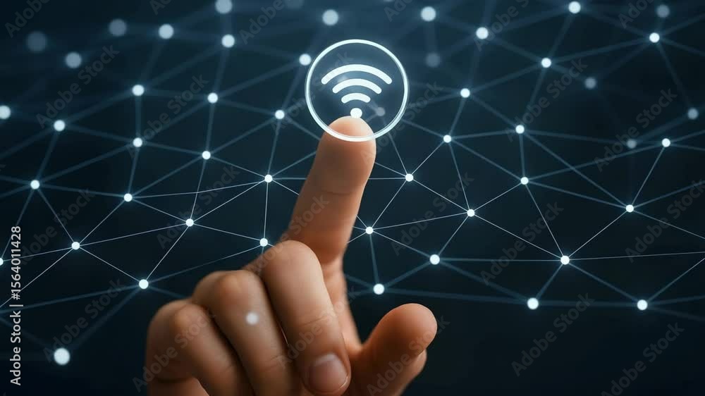 Aufkleber a raised finger touches a circular wifi symbol above a glowing mesh of connected dots. concept of se