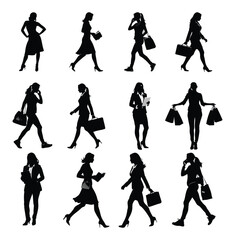Fototapeta premium Collection of modern women silhouettes in various walking and standing poses, featuring shoppers and businesswomen on the go.