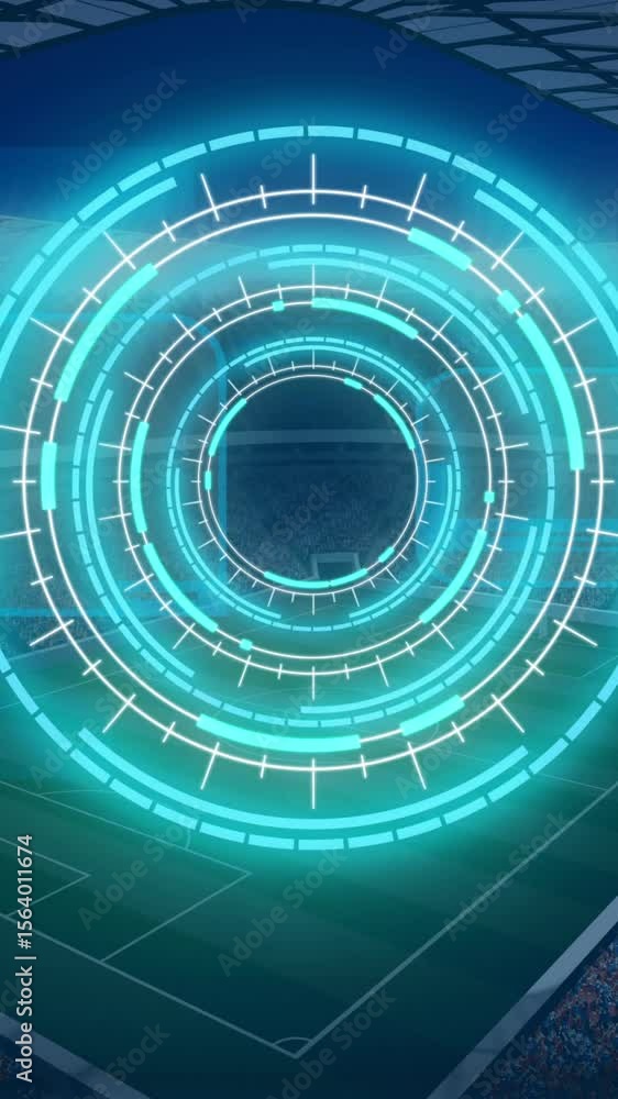 Poster animation of scopes scanning and data processing over sports stadium