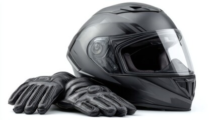 A black motorcycle helmet rests beside a pair of black leather gloves, showcasing essential gear for safe riding. The setup emphasizes protection and style for riders