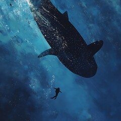 Sunlit sea scene with diver interacting with marine dolphin high resolution picture