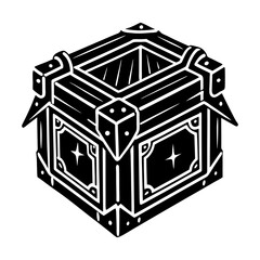 Stylized black and white illustration of an ornate treasure chest open and empty with decorative metal accents and star motifs suitable for fantasy or gaming themes