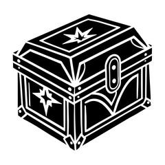 A stylized black and white illustration of an ornate treasure chest with starburst designs and metallic accents presented in a clean graphic style