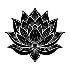 Elegant black and white stylized lotus flower illustration with intricate petal details on a clean white background