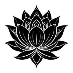 Lotus flower illustration with detailed petal design, Black and white artwork of a blooming lotus flower with layered petals, symbolizing purity, spirituality, and natural beauty.
