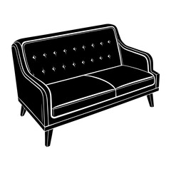 Vintage sofa illustration with tufted backrest design, Black and white drawing of a two-seater sofa featuring a tufted backrest and slim legs, symbolizing classic furniture and interior decor.
