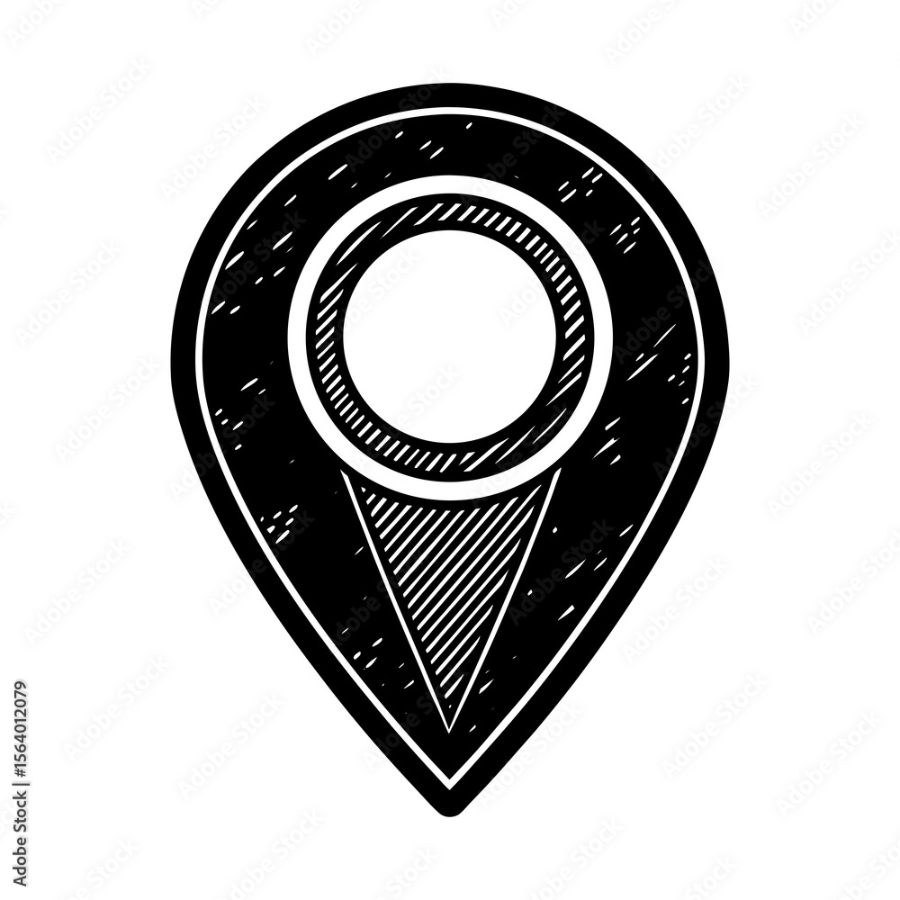 Poster hand drawn black and white location pin icon with a textured sketch style representing a map marker 