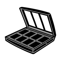 Black and white graphic illustration of an open makeup palette with multiple color pans and a mirrored lid isolated on a white background