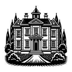 Obraz premium Elegant black and white illustration of a grand manor house with a central portico multiple windows dormers and surrounding manicured gardens and trees