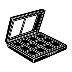 A black and white illustration of an open makeup palette with twelve eyeshadows and a mirror inside presented on a clean white background