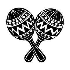 A striking black and white graphic illustration of two crossed maracas featuring intricate geometric patterns and tribal motifs symbolizing music and celebration