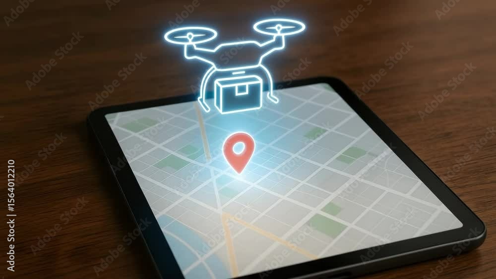 Poster a glowing drone carrying a box appears over a tablet map at a red location pin. concept of autonomou