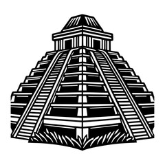 Stylized black and white illustration of a stepped pyramid with a temple structure at the summit featuring prominent staircases and a simple grass base
