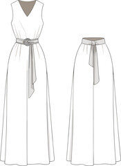 Fashion Flat Sketch of Sleeveless Maxi Dress with Wrap Front and Belt – Women's Long Dress CAD Template for Elegant Apparel and Eveningwear Design