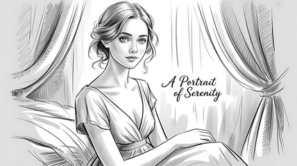digital sketch, a young woman seated on a bed, elegant, dreamy, wispy hair, cinematic portrait, graceful, black and white, high contrast, detailed