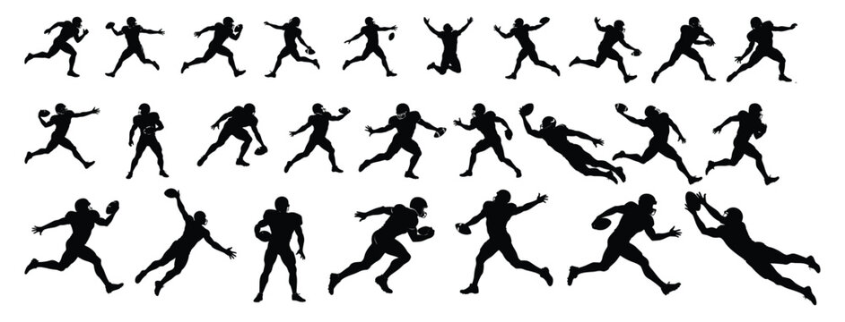 Large collection of American football player silhouettes in various dynamic poses like running, throwing, catching, and celebrating.