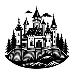 Obraz premium A striking black and white illustration of a fairytale castle with multiple towers and spires nestled amongst pine trees on a hill under a cloudy sky