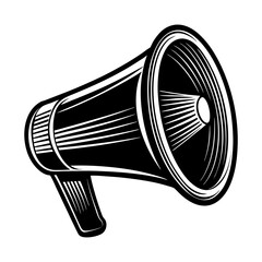 Vintage megaphone illustration in black and white style, Black and white drawing of a classic handheld megaphone, symbolizing announcements, communication, and spreading messages loudly.  © VECTOR STORE