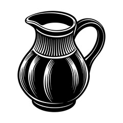 A vintage black and white illustration of a ceramic pitcher filled with milk featuring a classic design with ribbed detailing and a curved handle isolated on a white background