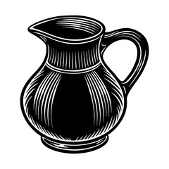 Black and white illustration of a vintage pitcher with a handle and spout rendered in a woodcut style with clean lines and shading on a white background