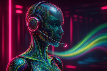 Futuristic AI Robot Woman with Headset in Neon Lights, Concept of Artificial Intelligence, Tech Support, and Cyber Communication

