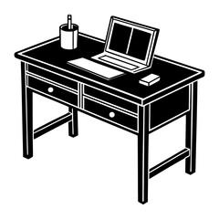 A black and white illustration of a desk with a laptop pen holder and a small rectangular object on its surface representing a workspace