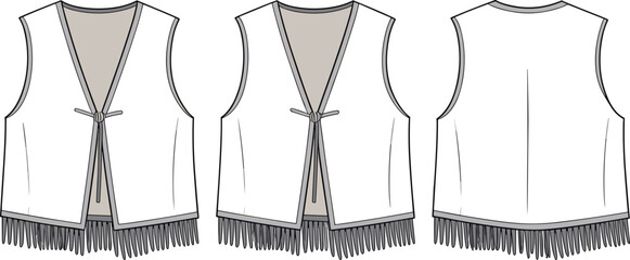 Women’s Fringe Hem Vest Flat Sketch, Fashion CAD Template with Front Tie Closure, Western Inspired Sleeveless Outerwear Design for Apparel Brands and Designers