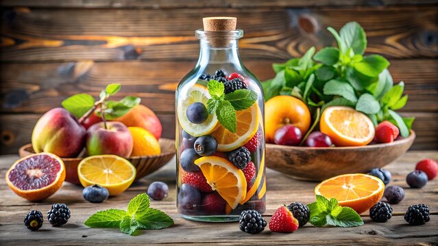 Photo of a glass bottle filled with infused water featuring lemon, orange slices, and various berries sits among a colorful array of fresh fruits on a rustic wooden table
