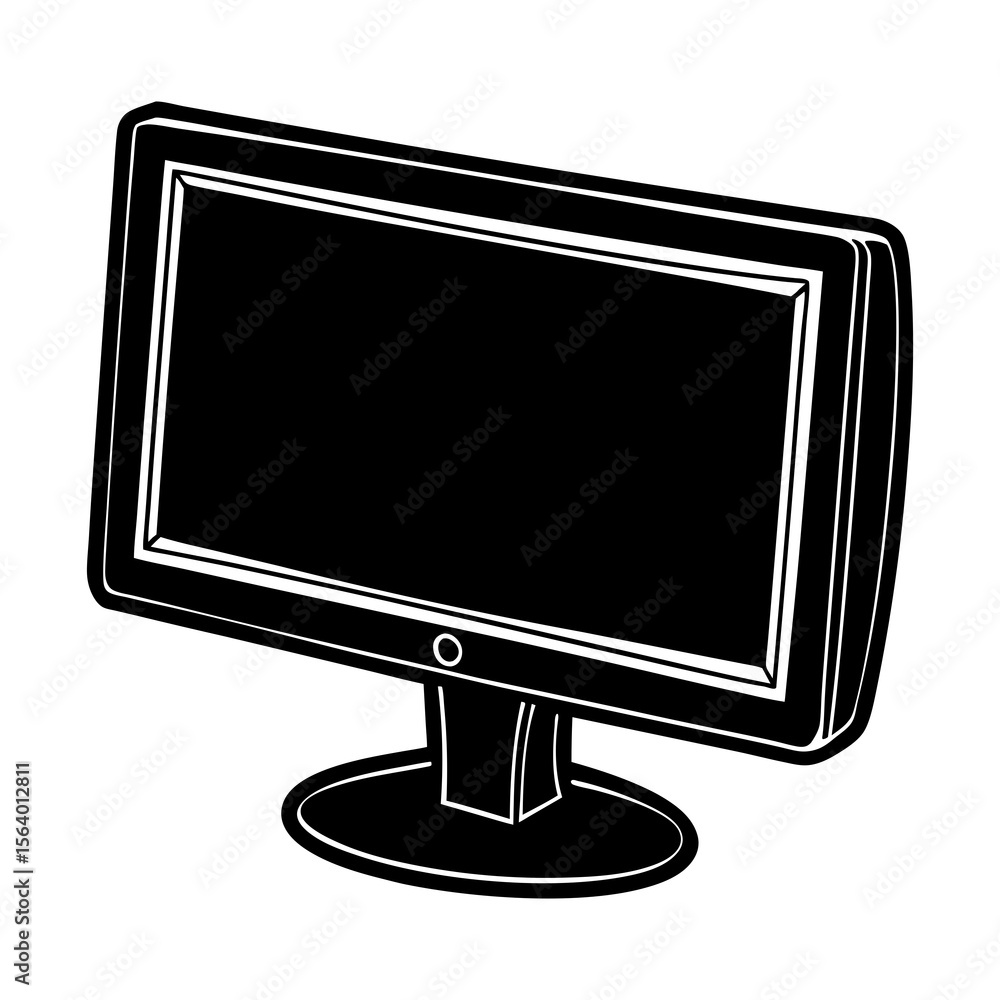 Poster a black and white illustration of a modern flat screen computer monitor on a stand isolated on a whi