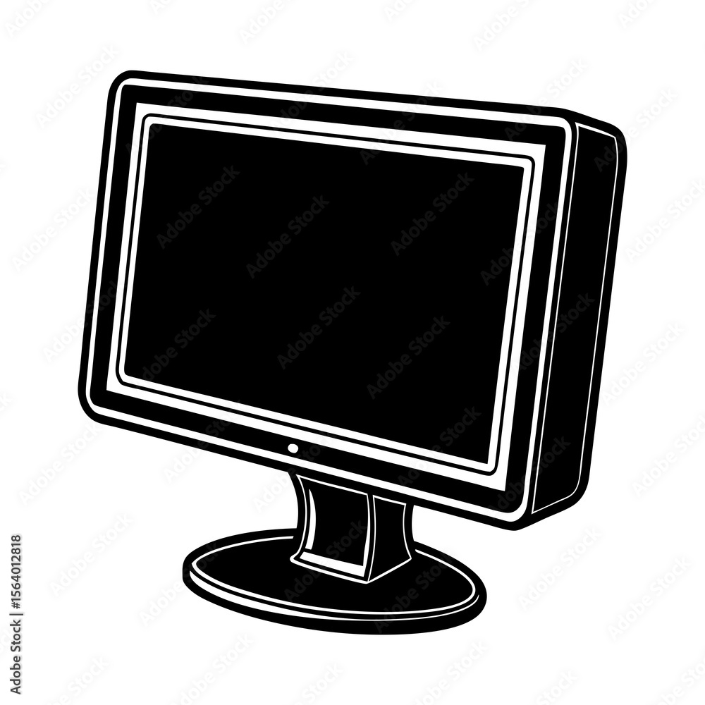 Poster modern computer monitor with a black screen and white outline isolated on a white background present
