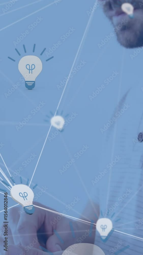 Poster animation of network of digital icons over man using tablet