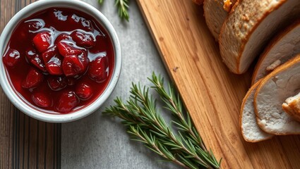 Juicy turkey slices paired with vibrant cranberry sauce and fresh rosemary for a festive meal