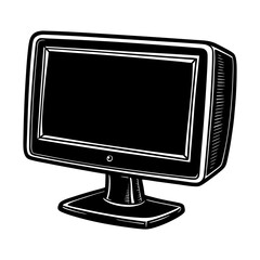 Retro computer monitor illustration in black and white, Black and white line art of an old-fashioned computer monitor with a thick frame and pedestal stand, symbolizing vintage technology.
